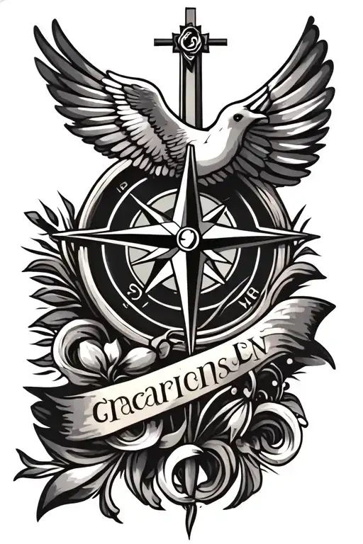Create a tattoo design featuring a compass rose with a Christian theme. Incorporate elements such as a cross, a dove, or tattoo design idea