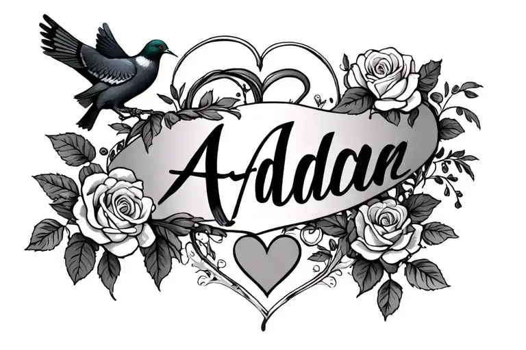 Flower tendril with roses, name André, name Adrian, 2 pigeons, a heart tattoo design idea