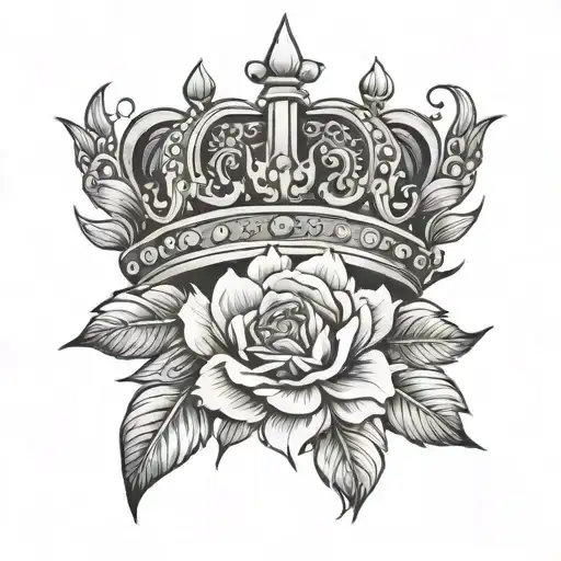 tattoo of a stylized a crown, surrounded by vibrant flowers like roses or peonies tattoo design idea