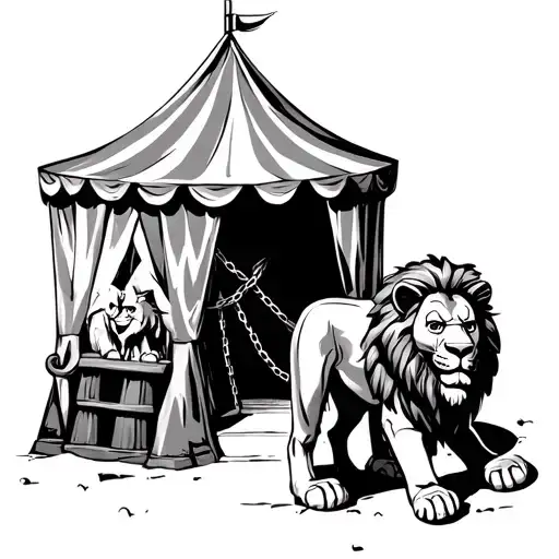 circus tent with sad clown and chained up lion at entrance  tattoo design idea