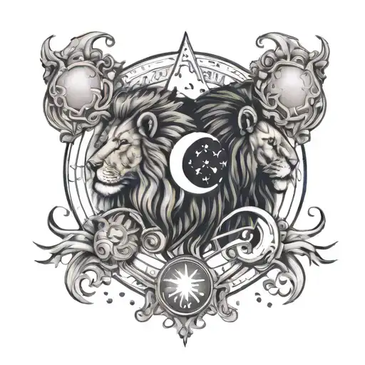 An artistic tattoo incorporating the astrological symbols of Gemini and Pisces, with their constellation shapes merging into a lion's mane and the moon in the background tattoo design idea