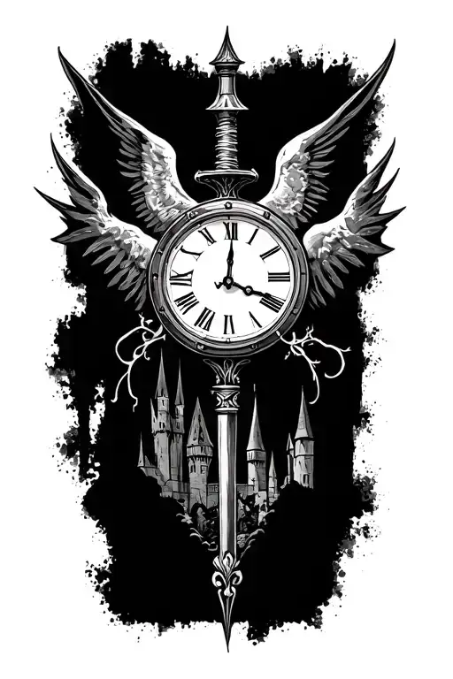 harry potter elder wand with clock going backward and a silhouette of hogwarts and orchars  tattoo design idea