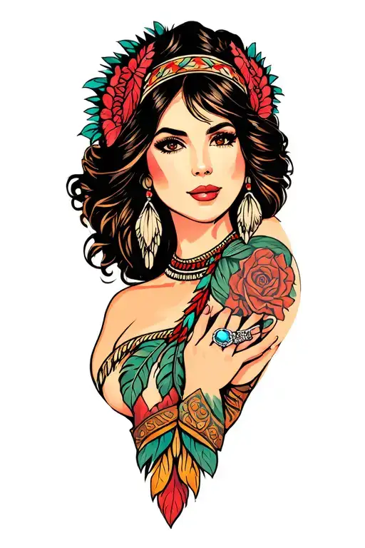 pinup girl traditional Native American wearing engagement ring  tattoo design idea