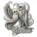 matching tattoos to show love with two ghosts both saying "till we are ghosts"  tattoo design idea