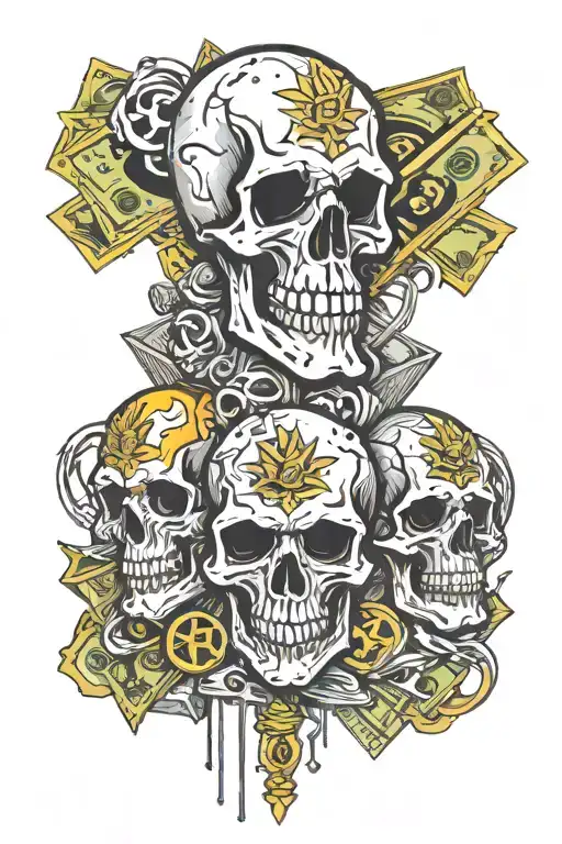 skulls, money, gold bars and diamonds tattoo design idea