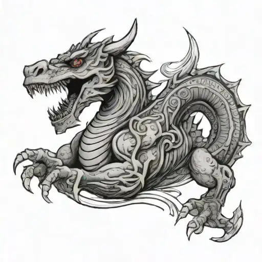 mythosaur that is thin lined and korean themed with korean writing  tattoo design idea