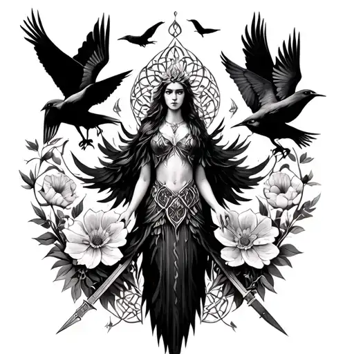 an image of the Celtic Goddess, the Morrigan. Surrounded by her associated flowers, weapons and multiple flying crows.  tattoo design idea