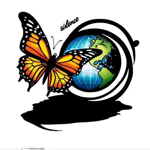 "Happiness loves the silence" butterfly and globe tattoo design idea