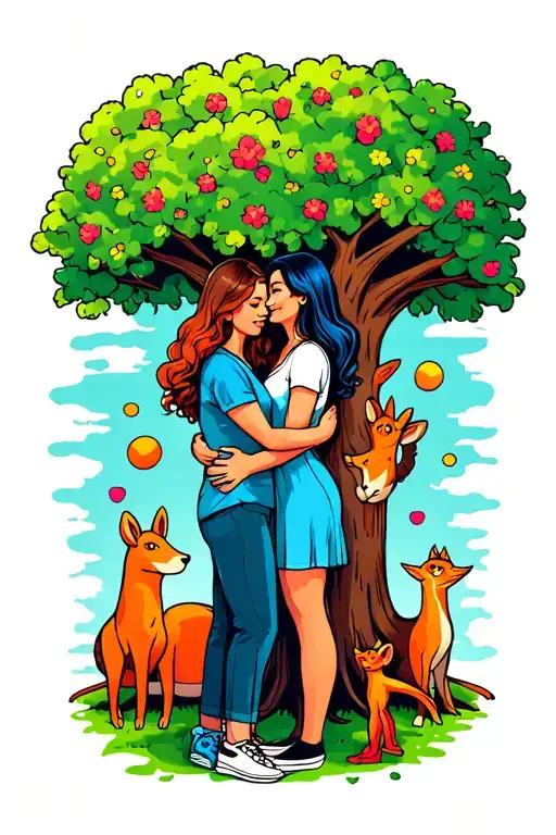 A colorful new-school design of a lesbian couple embracing under a tree with their family members as animals in the background tattoo design idea