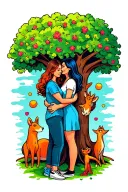 A colorful new-school design of a lesbian couple embracing under a tree with their family members as animals in the background tattoo design idea