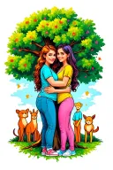 A colorful new-school design of a lesbian couple embracing under a tree with their family members as animals in the background tattoo design idea