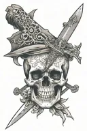 skull with broken dagger, compass sic parvis magna, atlas surround by storm  tattoo design idea