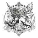 African god Capricorn and African goddess Aries stretching across the universe facing opposite sides horizontally tattoo design idea