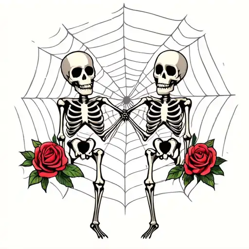 spooky emo skeletons holding hands soiders in background and spider webs and roses tattoo design idea