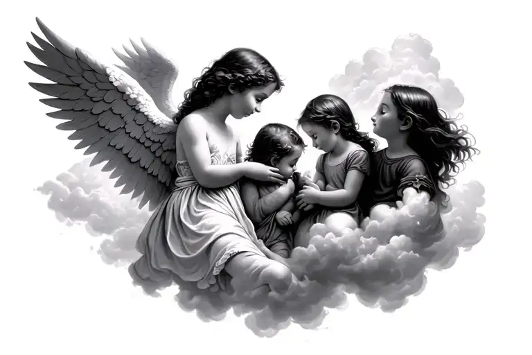 an angel in the clouds watching 3 children tattoo design idea