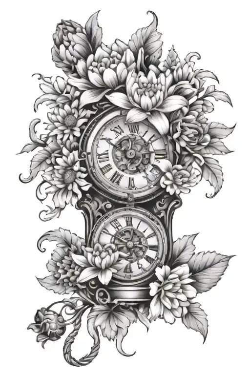 baby footprints below a pocket watch with chrysanthemum, lotus, daisy, marigold and hyacinth flowers  tattoo design idea