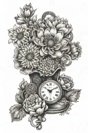 baby footprints below a pocket watch with chrysanthemum, lotus, daisy, marigold and hyacinth flowers  tattoo design idea