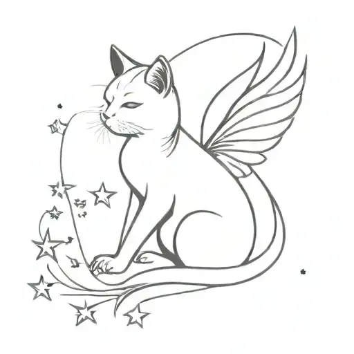 black fairy cat, angel wings, white chest, grey stripes, half moon, stars tattoo design idea