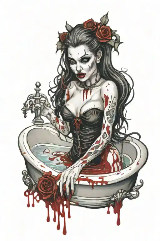 Female vampire in bloody gothic bathtub realistic tattoo design idea