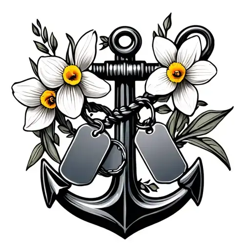 navy anchor with daffodil and dog tags hanging tattoo design idea