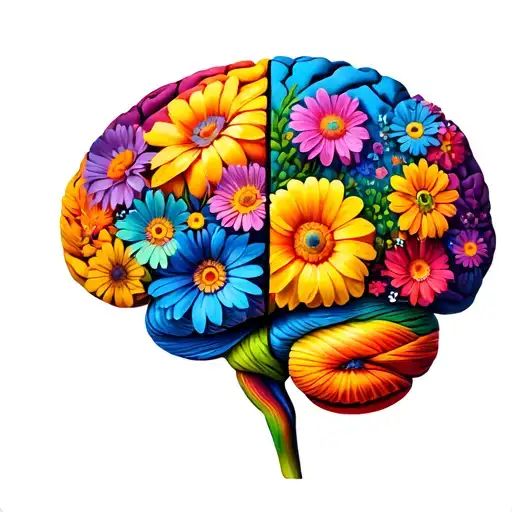 brain from the top. half of the brain is flowers all in rainbow colors. tattoo design idea