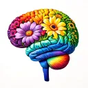 brain from the top. half of the brain is flowers all in rainbow colors. tattoo design idea