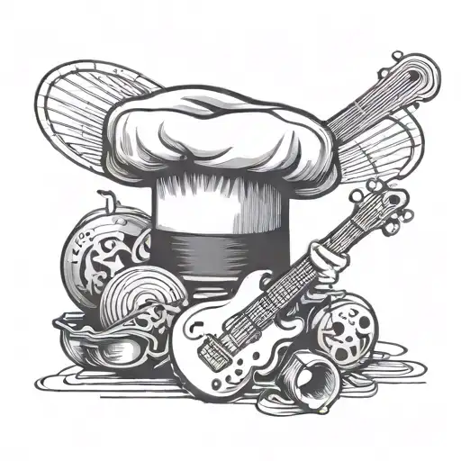 A black-grey tattoo of a chef's hat with musical instruments incorporated into the design tattoo design idea
