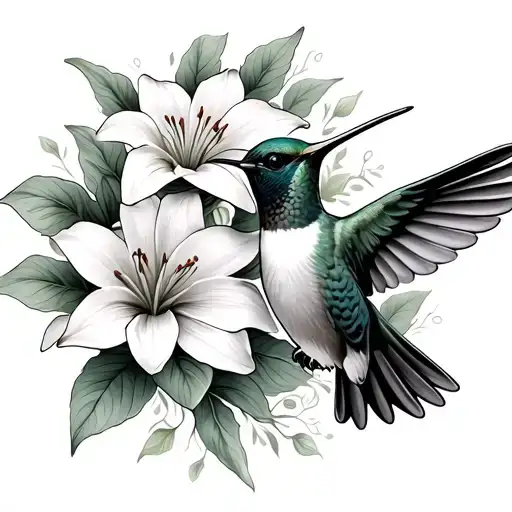 hummingbird flying surrounded by lily flowers tattoo design idea