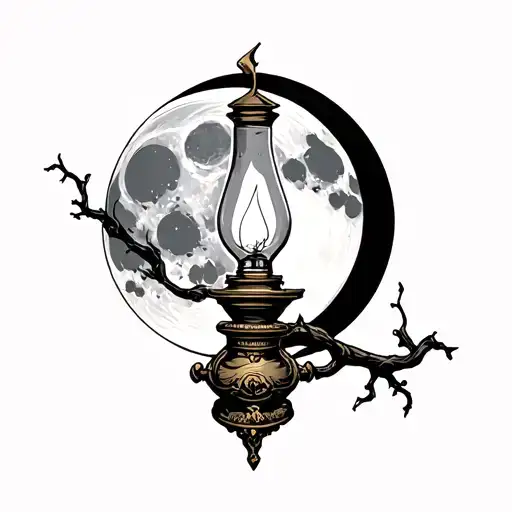 Tattoo oil lamp with the background moon tattoo design idea