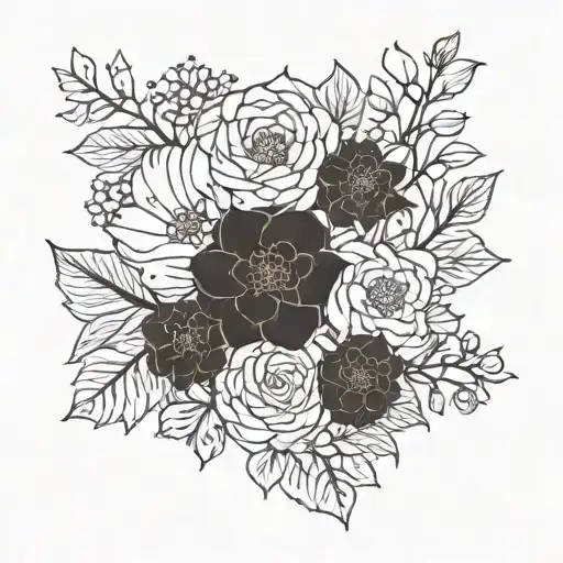 Incorporate the symbol for motherhood into a blackwork design featuring a variety of blooming flowers tattoo design idea