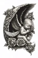 religious baby angel with wings, roses and doves psalm 23 tattoo design idea