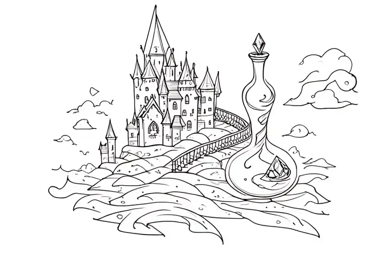A floating fantasy castle with a spiral staircase and an angular magic potion bottle with a gemstone for a cap, all surr tattoo design idea