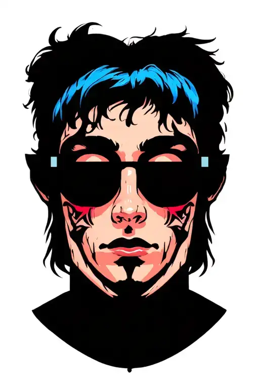 Colored tattoo design: a fully filled square tattoo with no empty spaces, featuring a person with a blank face surrounde tattoo design idea