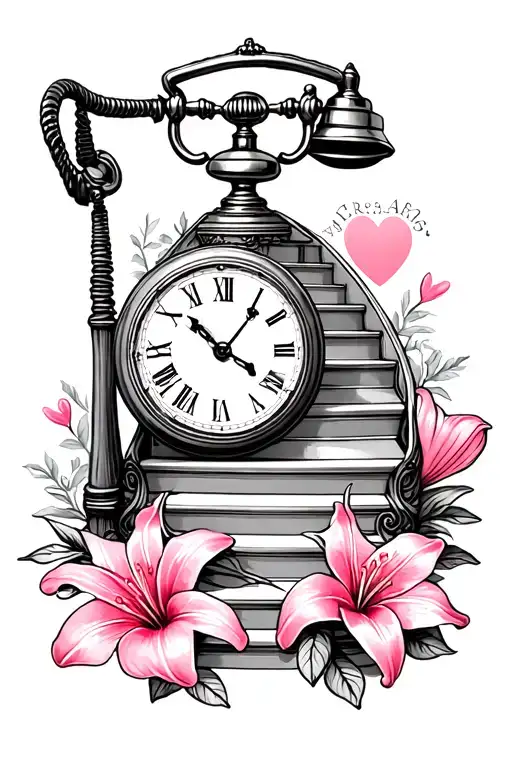 Old phone, staircase, pocket watch, heart, pink and lily tattoo design idea