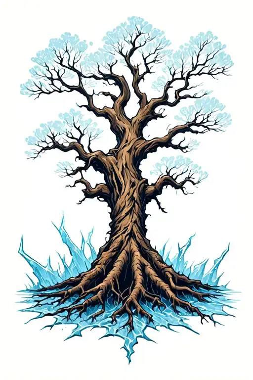 Central Image – Tree with Dual Ground:	•	A large tree with twisted, powerful roots.	•	The roots emerge from cracked ice tattoo design idea