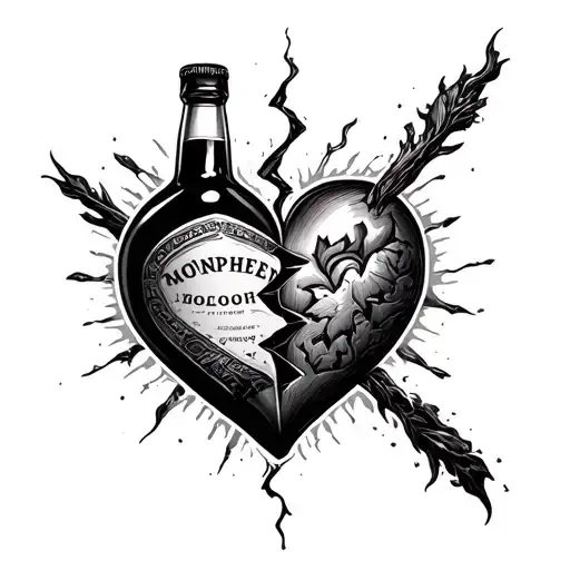 A dark and intricate tattoo showcasing a bottle of alcohol morphing into a broken heart, symbolizing the client's struggles with heartbreak and addiction tattoo design idea