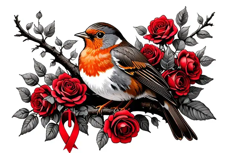 Robin sitting on branch surrounded by a lot of red roses with a cancer ribbon hanging off the end of it tattoo design idea
