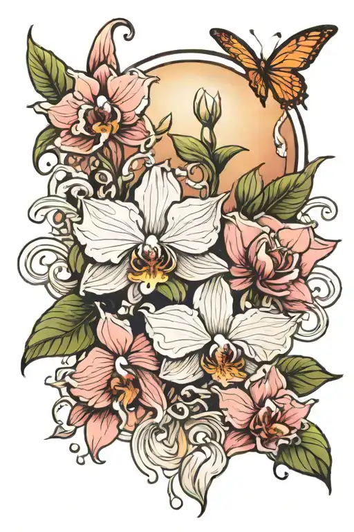 Orchid, Rose, clouds, sunbeam shining tattoo design idea