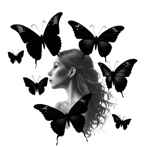 Tattoo design inspired by Jinx (Arcane), with realistic black butterflies: three white human silhouettes, without tattoo design idea