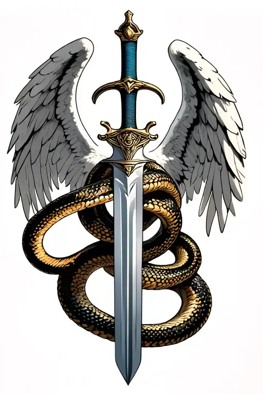 Arch Angel Michael crushing snake wrapped around sword tattoo design idea