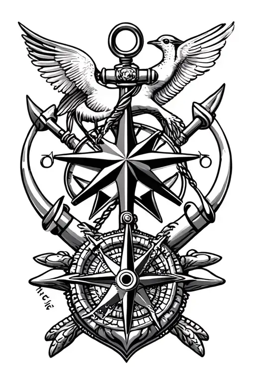 Nautical star, Swallow x6, Anchor, Hula Girl, Shellback Turtle, Crossed Cannons, King Neptune, Compass Rose tattoo design idea