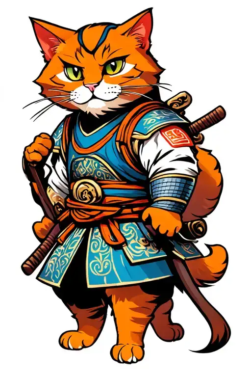 orange cat samurai warrior tattoo design idea