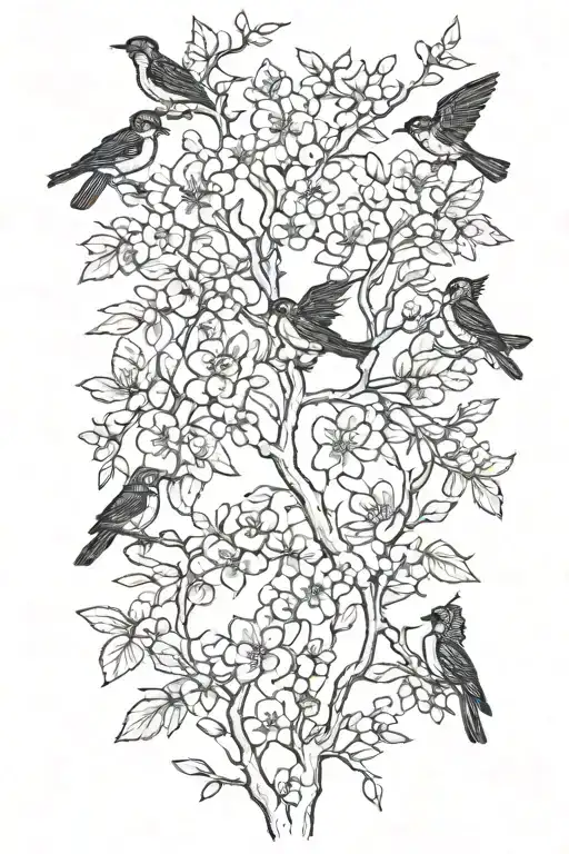sideways skinny spooky cherry branch with minimal blossoms and only 4 solid black birds sitting on branch.  tattoo design idea