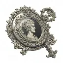 Silver metal, black obsidian glass scrying mirror, antique, intricate, mystical, tarnished, cracked  tattoo design idea