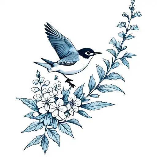 mocking bird flying with hawthorn, hyacinth and delphinium flowers tattoo design idea