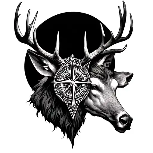 Norse compass abd stag head tattoo design idea