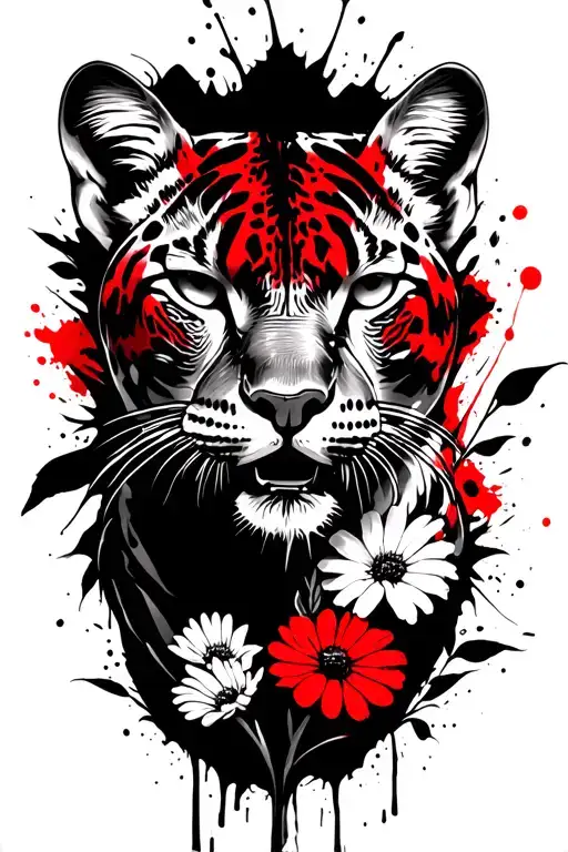 head of a puma, wildflowers in the background black and white tattoo design idea