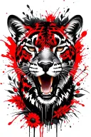 head of a puma, wildflowers in the background black and white tattoo design idea