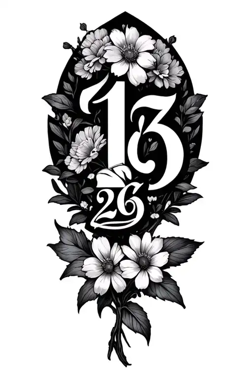 floral design with hidden number 1, 2 and 26 GB initials tattoo design idea