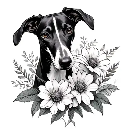 whippet dog smelling flowers tattoo design idea